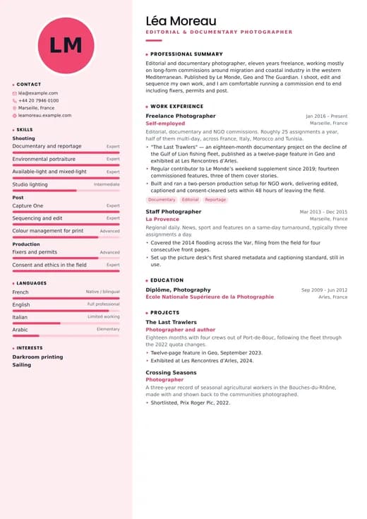 Creative Designer CV template preview — a creative résumé layout