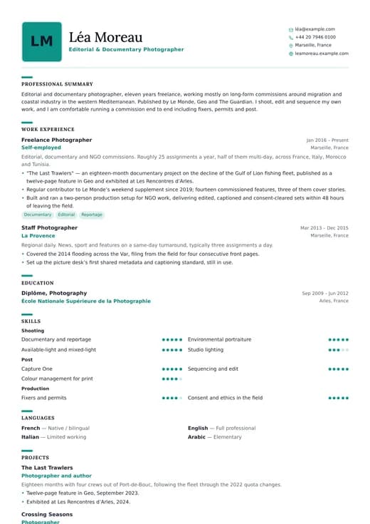 Creative Professional CV template preview — a creative résumé layout