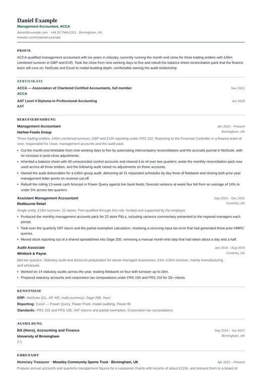 Vorschau der Lebenslauf-Vorlage Accountant CV — ein ats-Layout