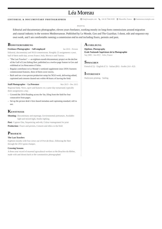 Vorschau der Lebenslauf-Vorlage Editorial — ein creative-Layout