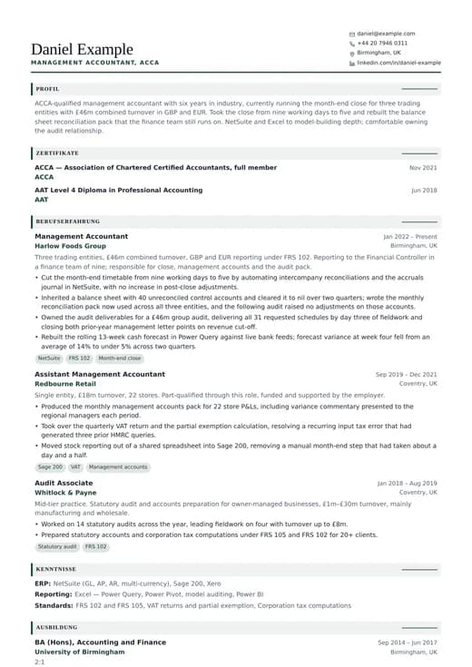 Vorschau der Lebenslauf-Vorlage Finance CV — ein corporate-Layout