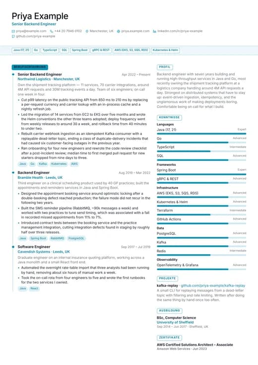 Vorschau der Lebenslauf-Vorlage Full Stack Developer — ein technology-Layout
