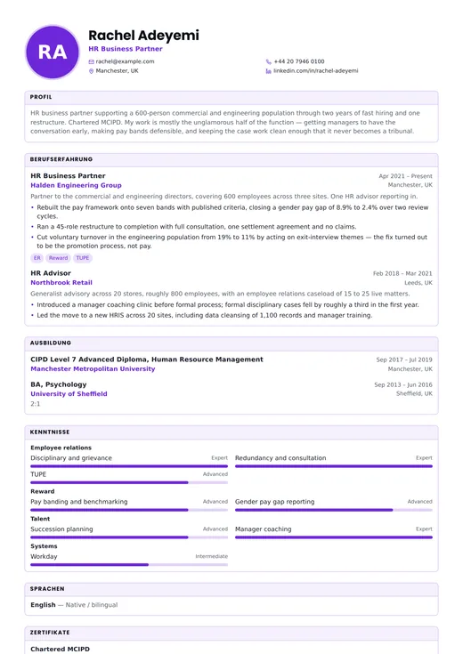 Vorschau der Lebenslauf-Vorlage Human Resources CV — ein corporate-Layout