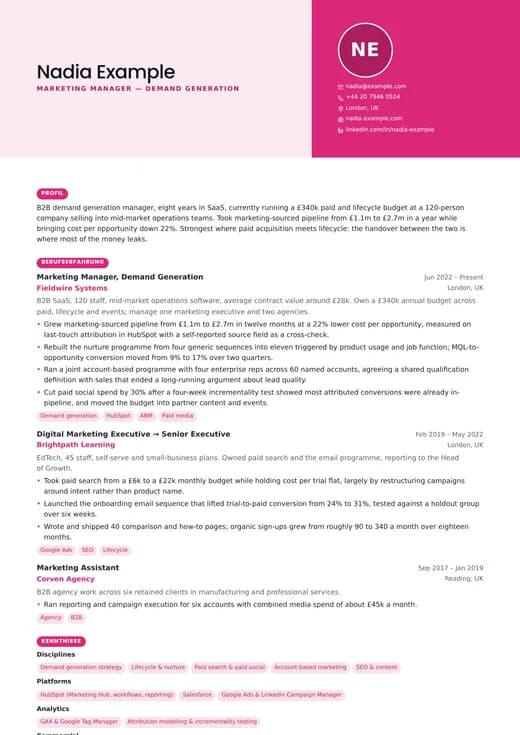 Vorschau der Lebenslauf-Vorlage Marketing CV — ein corporate-Layout