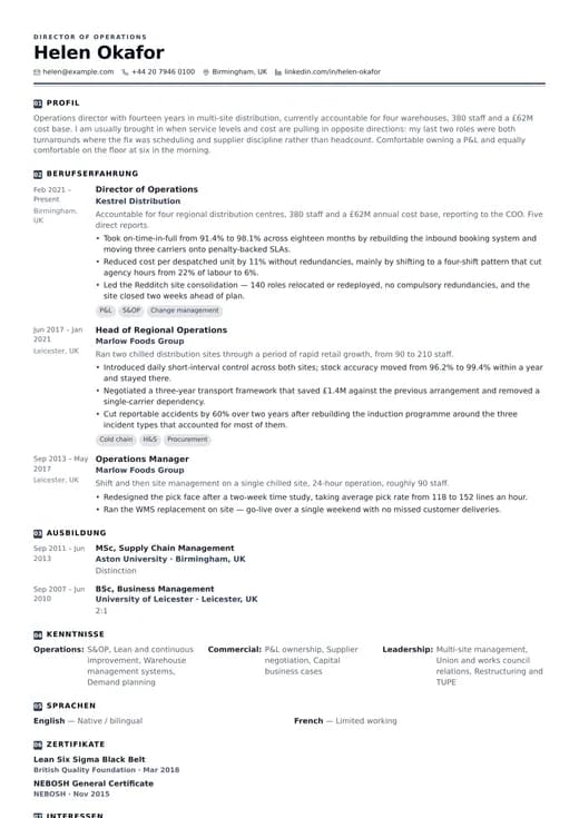 Vorschau der Lebenslauf-Vorlage Operations CV — ein corporate-Layout