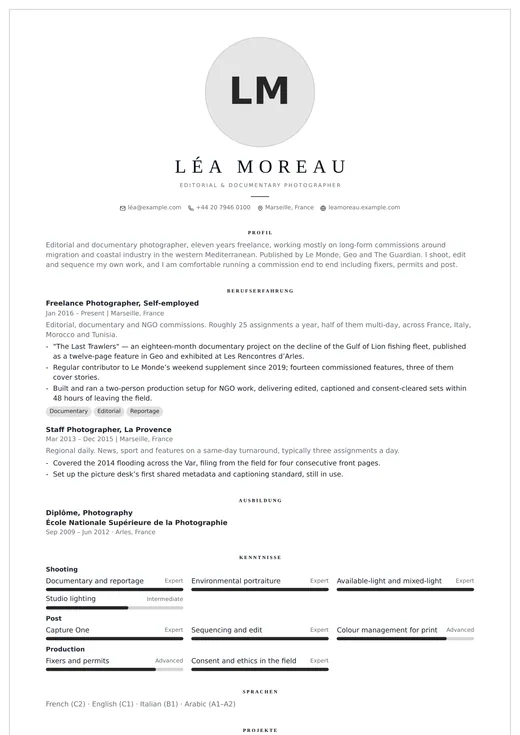 Vorschau der Lebenslauf-Vorlage Photographer — ein creative-Layout