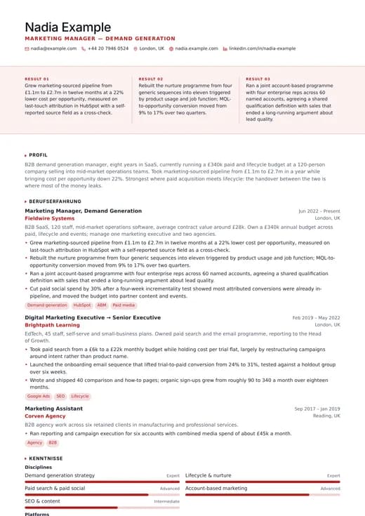 Vorschau der Lebenslauf-Vorlage Sales CV — ein corporate-Layout