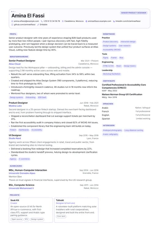 Vorschau der Lebenslauf-Vorlage UI/UX Designer — ein creative-Layout