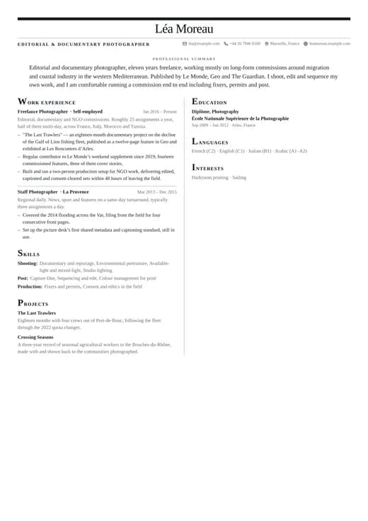 Editorial CV template preview — a creative résumé layout