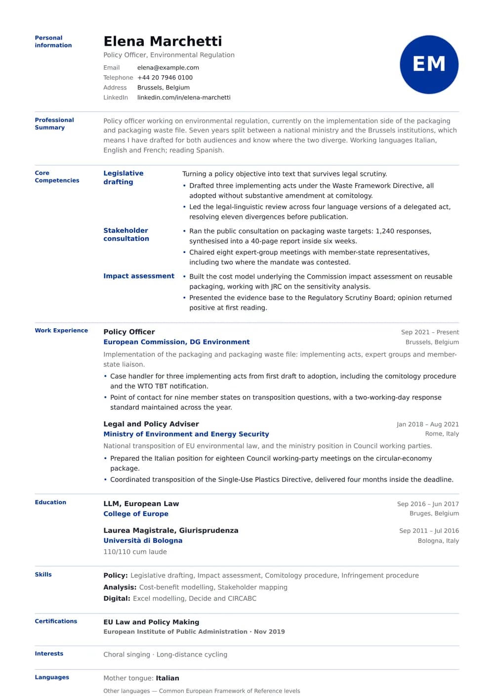 Europass CV CV template preview — a classic résumé layout