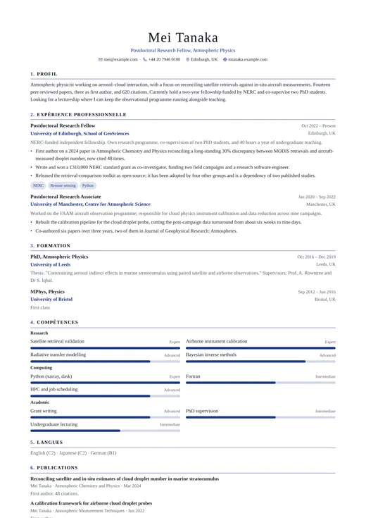Aperçu du modèle de CV Academic CV — une mise en page classic