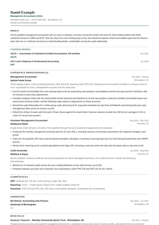 Aperçu du modèle de CV Accountant CV — une mise en page ats