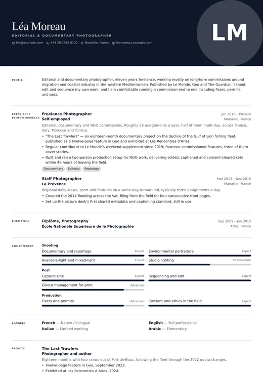 Aperçu du modèle de CV Art Director — une mise en page creative