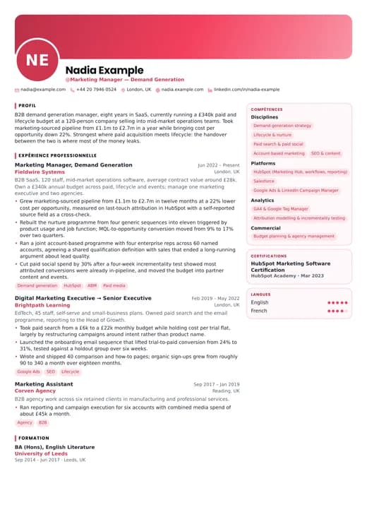 Aperçu du modèle de CV Content Creator — une mise en page creative