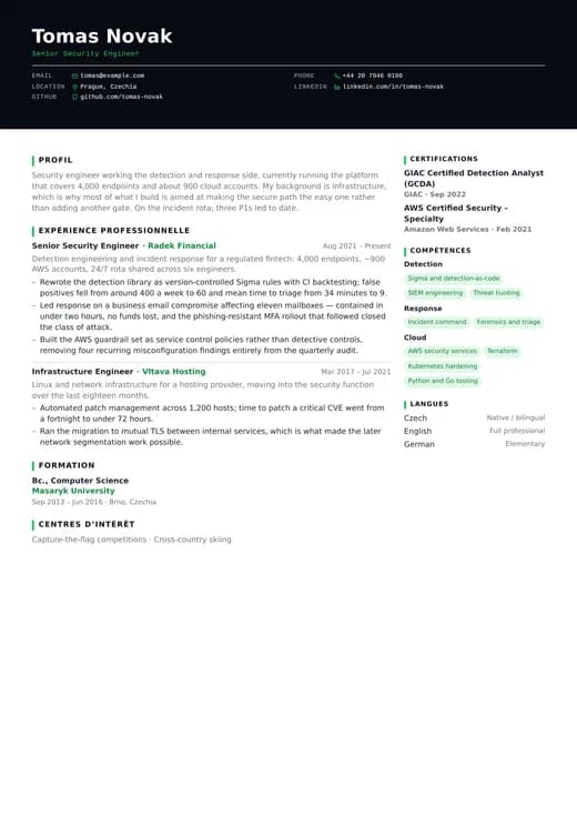 Aperçu du modèle de CV Cybersecurity CV — une mise en page technology