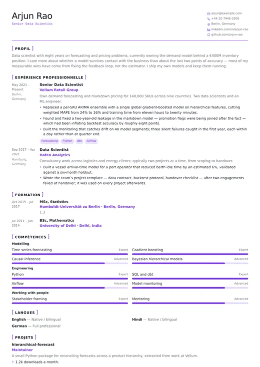 Aperçu du modèle de CV Data Scientist — une mise en page technology