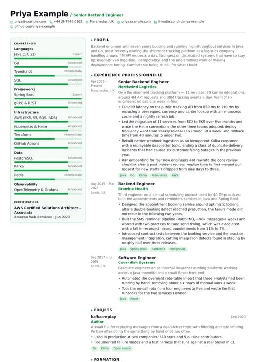 Aperçu du modèle de CV Developer — une mise en page technology