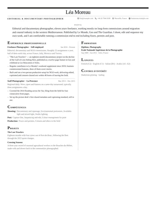 Aperçu du modèle de CV Editorial — une mise en page creative