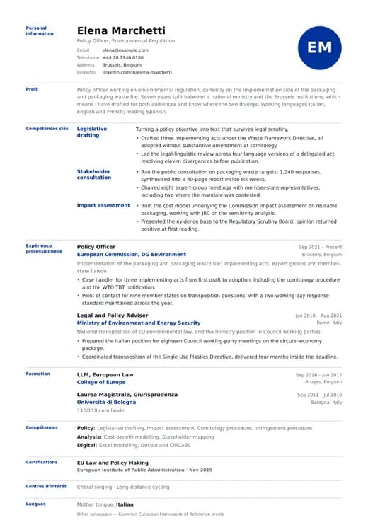 Aperçu du modèle de CV Europass CV — une mise en page classic