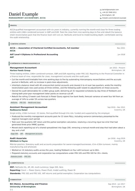Aperçu du modèle de CV Finance CV — une mise en page corporate
