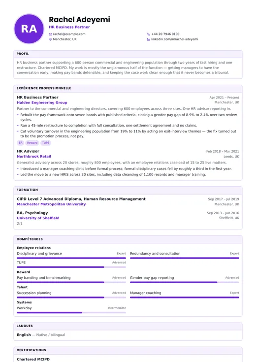 Aperçu du modèle de CV Human Resources CV — une mise en page corporate