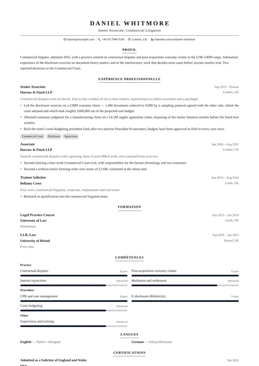 Aperçu du modèle de CV Legal CV — une mise en page classic
