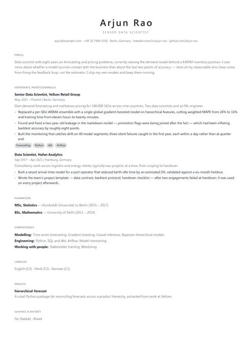 Aperçu du modèle de CV Modern Minimal — une mise en page modern