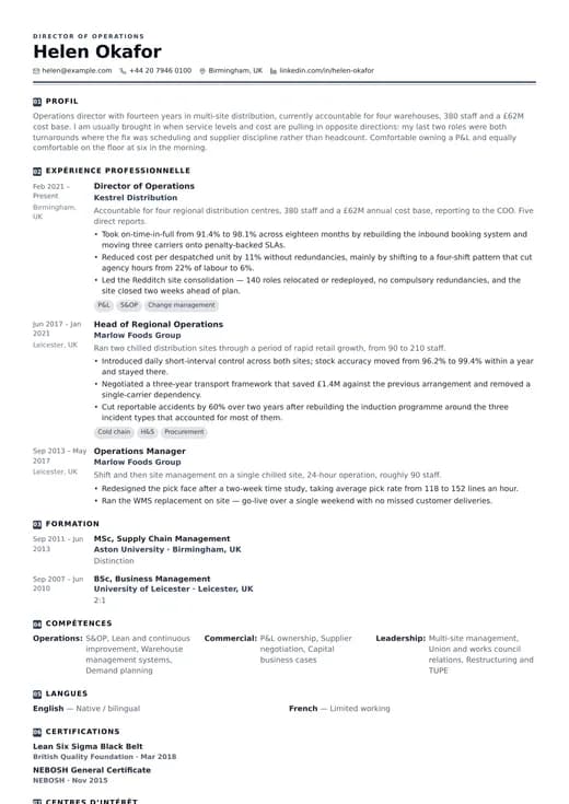 Aperçu du modèle de CV Operations CV — une mise en page corporate