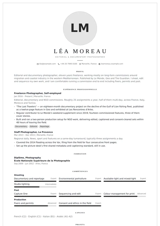 Aperçu du modèle de CV Photographer — une mise en page creative