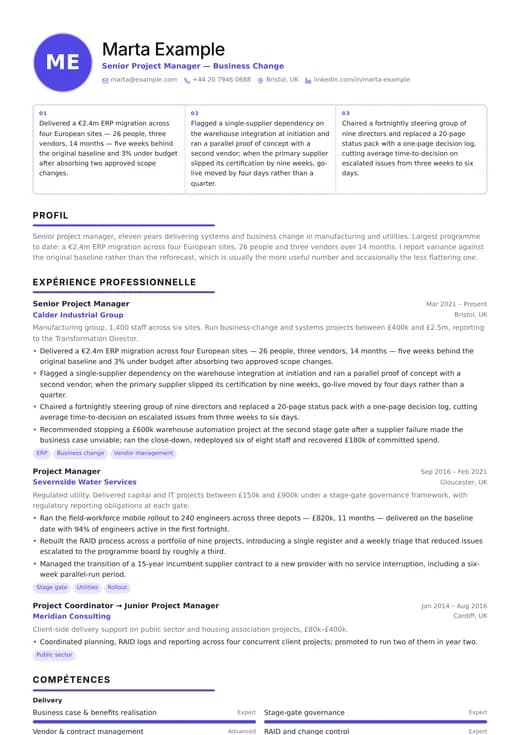 Aperçu du modèle de CV Product Manager — une mise en page technology