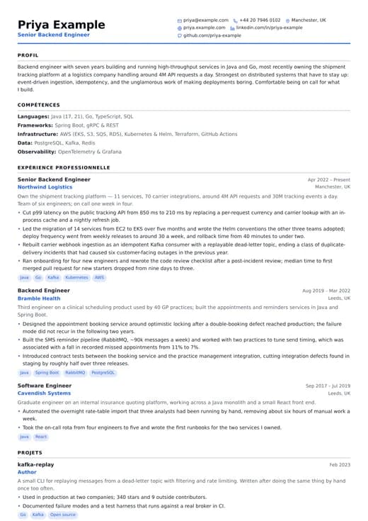 Aperçu du modèle de CV Software Engineer — une mise en page technology