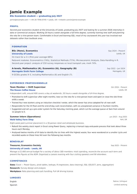 Aperçu du modèle de CV Student CV — une mise en page ats