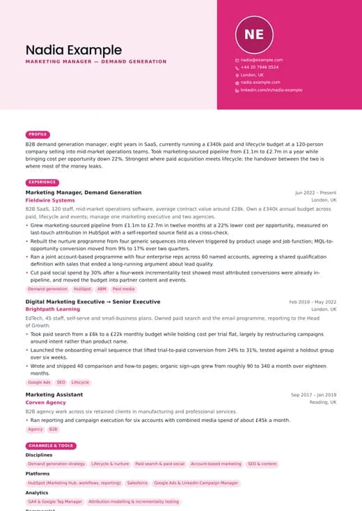 Marketing CV CV template preview — a corporate résumé layout