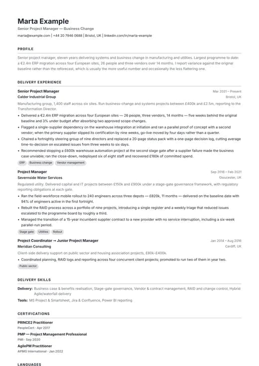 Modern ATS CV template preview — a modern résumé layout