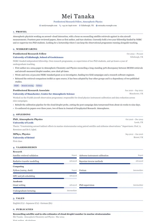 Voorbeeld van cv-sjabloon Academic CV — een classic cv-opmaak