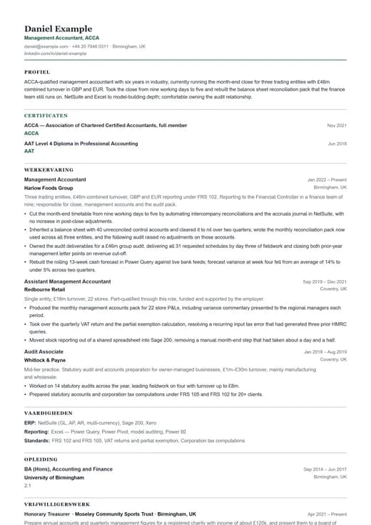 Voorbeeld van cv-sjabloon Accountant CV — een ats cv-opmaak