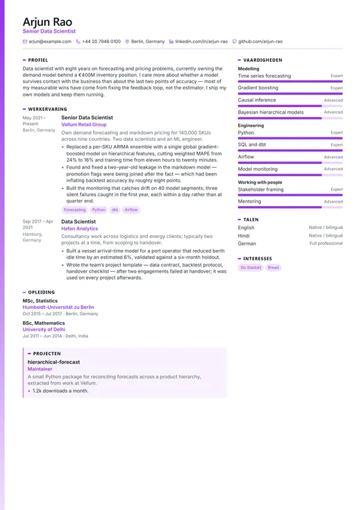 Voorbeeld van cv-sjabloon AI Engineer — een technology cv-opmaak