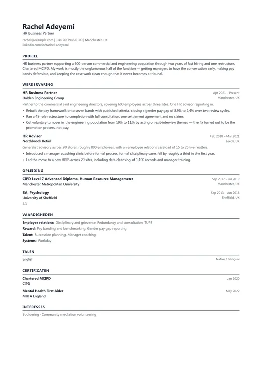 Voorbeeld van cv-sjabloon ATS Simple — een ats cv-opmaak