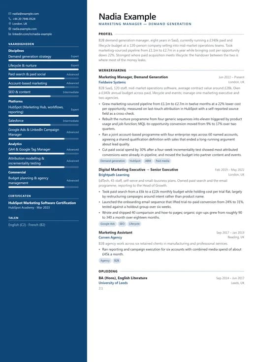 Voorbeeld van cv-sjabloon Coloured Sidebar — een modern cv-opmaak
