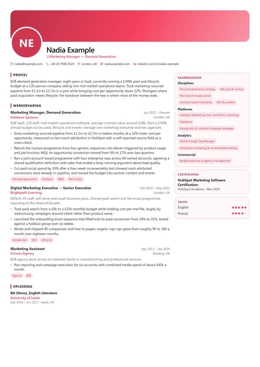 Voorbeeld van cv-sjabloon Content Creator — een creative cv-opmaak