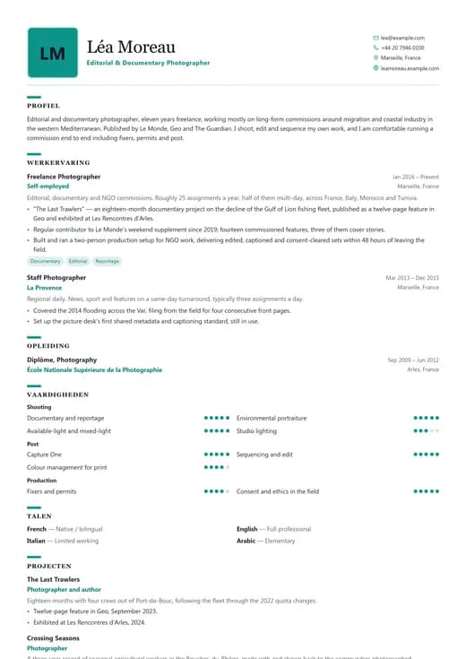 Voorbeeld van cv-sjabloon Creative Professional — een creative cv-opmaak