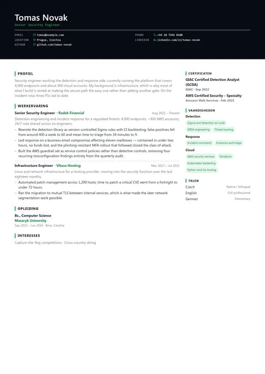 Voorbeeld van cv-sjabloon Cybersecurity CV — een technology cv-opmaak