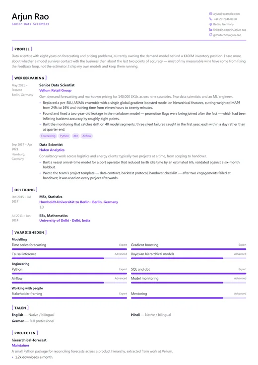 Voorbeeld van cv-sjabloon Data Scientist — een technology cv-opmaak
