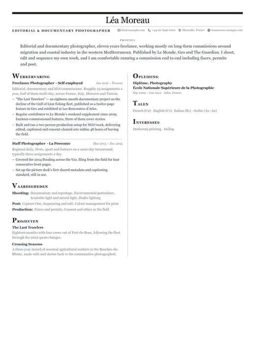 Voorbeeld van cv-sjabloon Editorial — een creative cv-opmaak