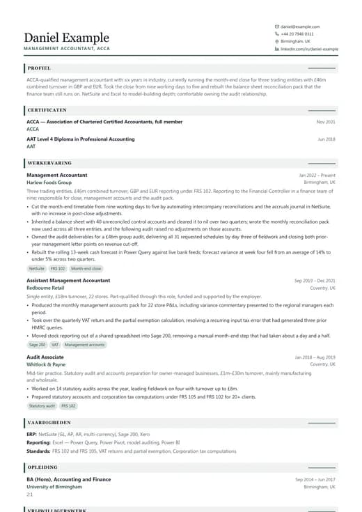 Voorbeeld van cv-sjabloon Finance CV — een corporate cv-opmaak