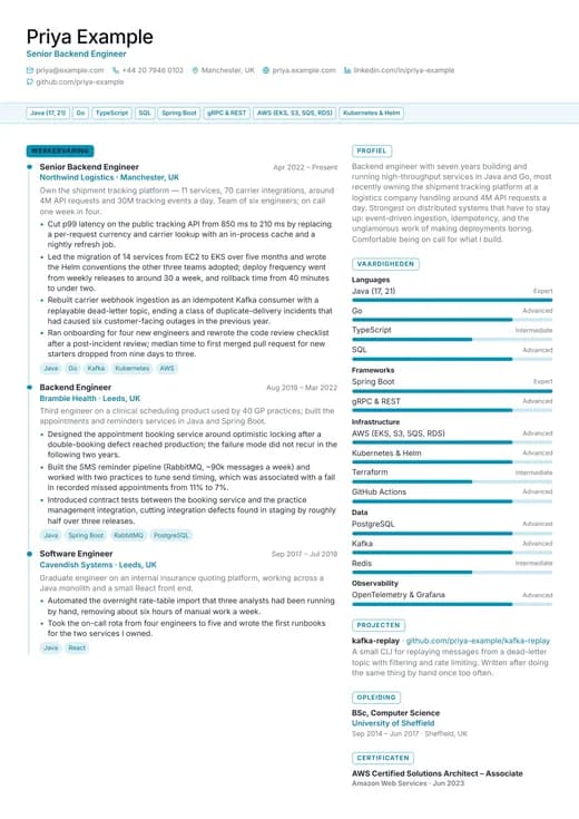 Voorbeeld van cv-sjabloon Full Stack Developer — een technology cv-opmaak