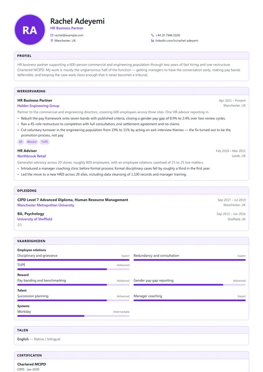 Voorbeeld van cv-sjabloon Human Resources CV — een corporate cv-opmaak