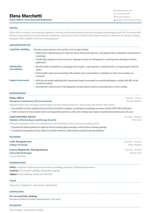 Voorbeeld van cv-sjabloon Hybrid CV — een corporate cv-opmaak