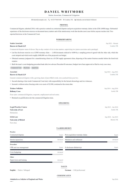 Voorbeeld van cv-sjabloon Legal CV — een classic cv-opmaak