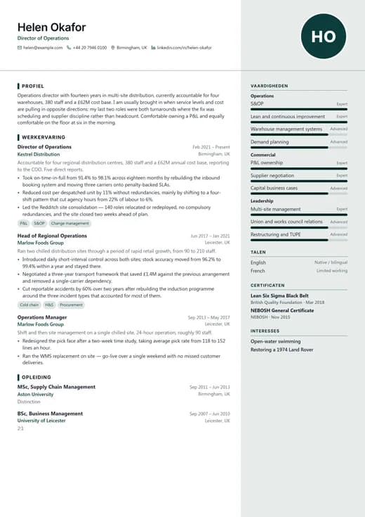 Voorbeeld van cv-sjabloon Management CV — een corporate cv-opmaak